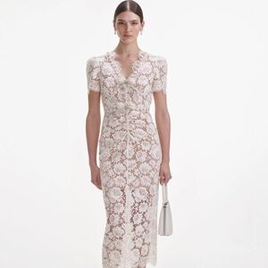 self-portrait Cream Fine Lace Pearl Midi Dress - Size US4 - MSRP $615 - NWT